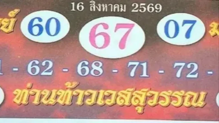 เลขเด็ดปฏิทินท่านท้าวเวสสุวรรณ 16/8/69 เปิดชุดเด่น 60 มาแรง พร้อมเลข 2 ตัว 3 ตัวครบ