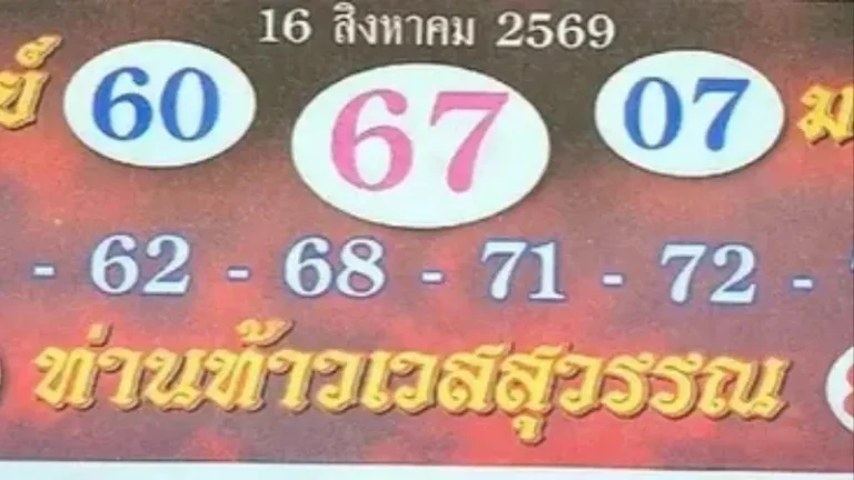 เลขเด็ดปฏิทินท้าวเวสสุวรรณ 16 สิงหาคม 2569 เปิดชุดเด่น 60-67-07 คอหวยแห่จับตา